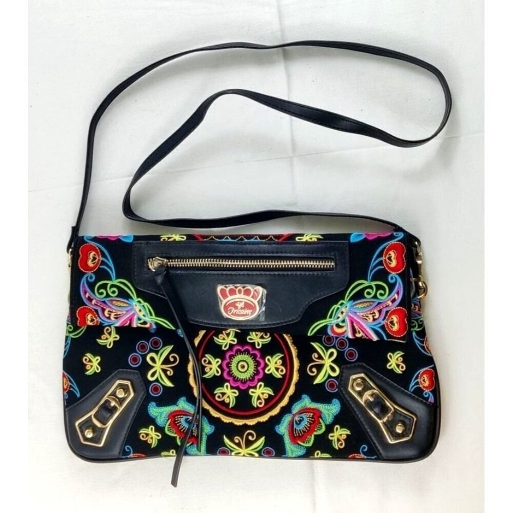 Fricaine Black Treasure Clutch Crossbody Luxury Boho Exotic Embroidered Flowers - Picture 4 of 12
